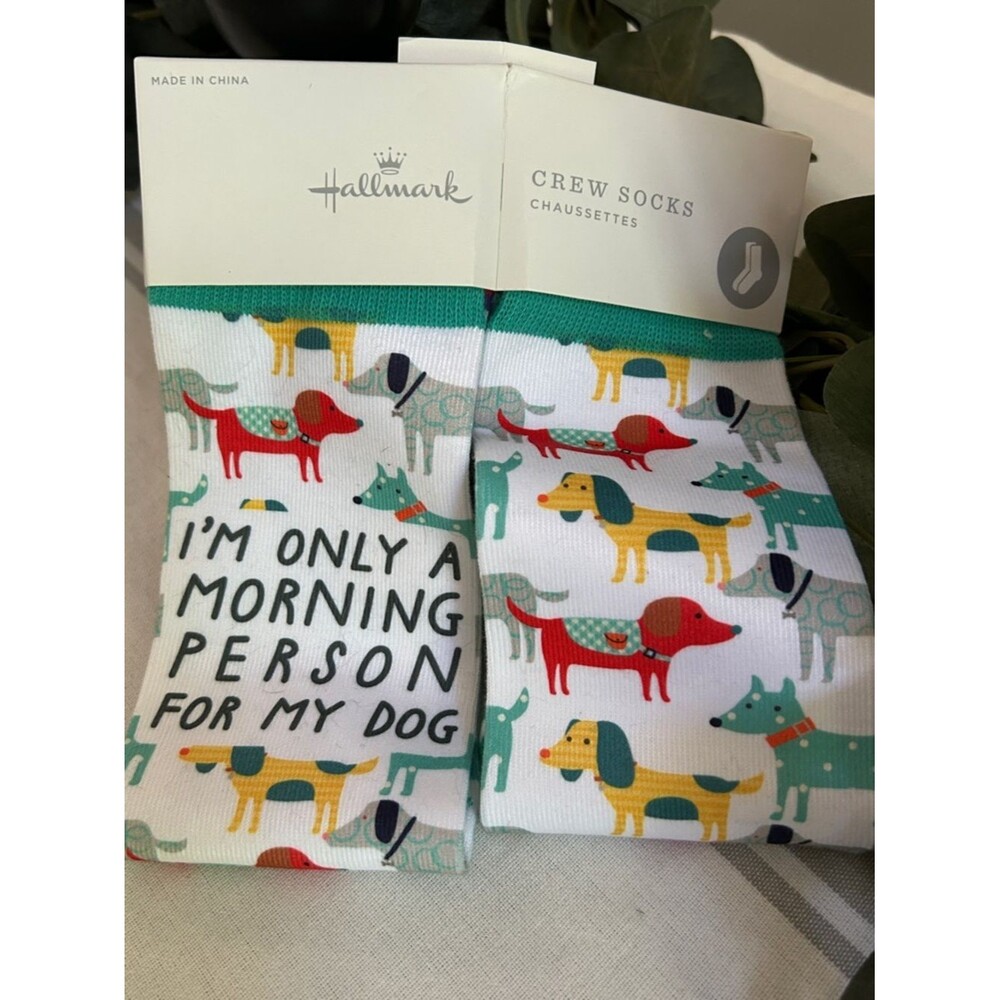 Hallmark Women's White Crew Socks with Multi-color Dog pattern